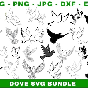 May include: A collection of dove illustrations in various styles, including line art, silhouettes, and detailed drawings. The images are in black and white, with some featuring olive branches. Text at the top indicates file formats: SVG, PNG, JPG, DXF, EPS. The words "DOVE SVG BUNDLE" are at the bottom.