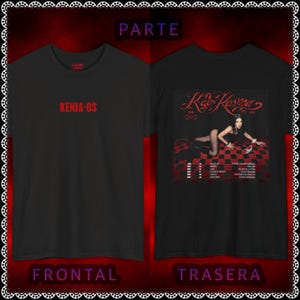 May include: Black t-shirt with red text "KENIA-OS" on the front. The back features a graphic of a woman and the text "K23 Karma" with tour dates. The shirt has a crew neck and short sleeves.