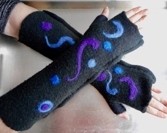 Fingerless Hand Warmers, Boucle wool, Warm, Felted Wool, Long Elbow length, Soft up- cycled Wool, Hand Felting and Finishing. One of a kind.