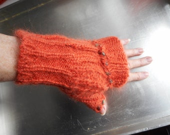 Mohair naranja oxidado, guantes cálidos sin dedos, reciclados, lana de punto, detalle de mano de calidad, pulgar, hecho a mano, único en su tipo.