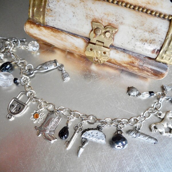 Silver Charm Bracelet, Cowgirl Up, Country Girl, Unique, Vintage charms, Horse, Boots, Taco, Silver,  Pewter, Crystals, One of a kind.