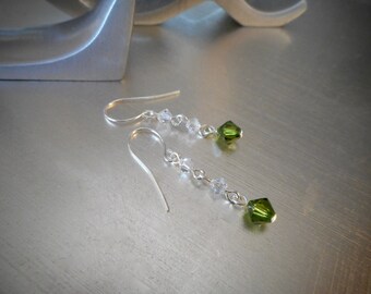 Peridot earrings, August Birthstone, Swarovski crystals, Long dangles, Silver and mossy green, Chic, OOAK, Sparkling, Delicate