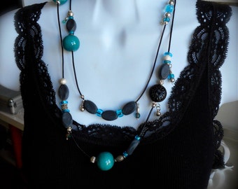 Necklace/Bracelet, 3-way, Multi style Jewelry, Leather, Vintage Beads, Boho, Modern, Turquoise, Silver, Vintage Lucite, Wow! One of a kind.