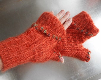 Rusty Orange Mohair, Warm Fingerless Gloves, Up-cycled, Knit Woolen, Quality Hand detail, Thumbed, Hand Made, One of a Kind.