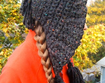 Clearance Sale.. Hooded Crochet Elfin Hat, adult Hood, Tasseled, Warm and Cozy, Black Speckled Quality Yarns. Boho, Unique, One of a kind .