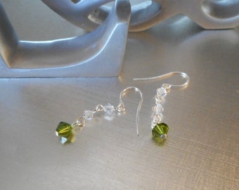 Peridot earrings, August Birthstone, Swarovski crystals, Long dangles, Silver and mossy green, Chic, OOAK, Sparkling, Delicate