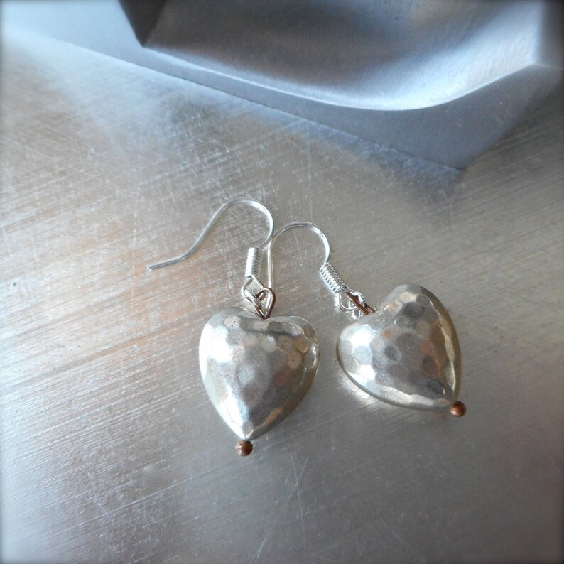 Silver Heart Earrings, Vintage Metal Puffy Hearts, Hammered Silver, Patina'd Silver, Antiqued Copper, Gift of Love, Boho, Modern. image 2