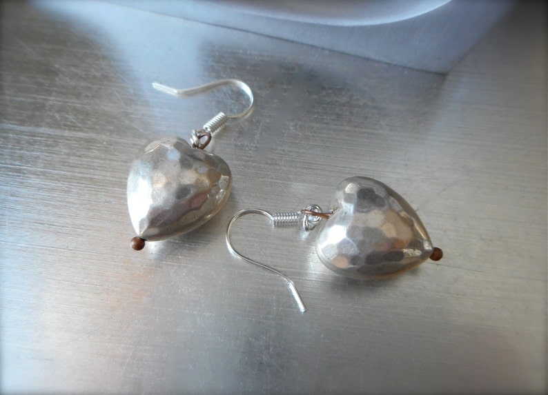 Silver Heart Earrings, Vintage Metal Puffy Hearts, Hammered Silver, Patina'd Silver, Antiqued Copper, Gift of Love, Boho, Modern. image 4