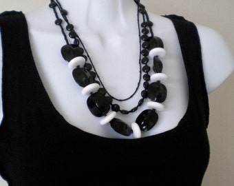 Ebony and Ivory Necklace, Chunky Vintage, Real Onyx Stones, Sterling Clasp, Three Strands, One of a kind Never out of style.