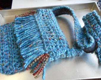 Handmade Crossbody Handbag, Purse, Turquoise color flecked yarn , Charcoal felt Lining with Pocket, One of a kind, Boho, Hippie.