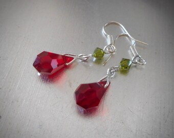 Teardrop dangle earrings, Swarovski crystals, Ruby Red Crystals, Peridot crystals, Eye catching Jewelry, Silver dangles, Love Wear with all.