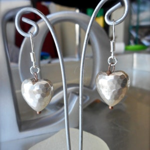 Silver Heart Earrings, Vintage Metal Puffy Hearts, Hammered Silver, Patina'd Silver, Antiqued Copper, Gift of Love, Boho, Modern. image 3