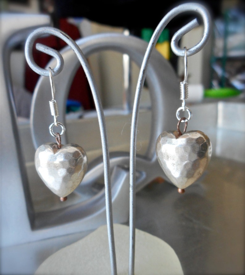 Silver Heart Earrings, Vintage Metal Puffy Hearts, Hammered Silver, Patina'd Silver, Antiqued Copper, Gift of Love, Boho, Modern. image 3