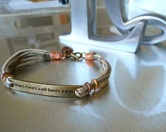 Inspiration Bracelet, Natural Dyed Hemp, Antiqued Copper Locket, Antiqued Brass, Hand Made, Unisex Design.