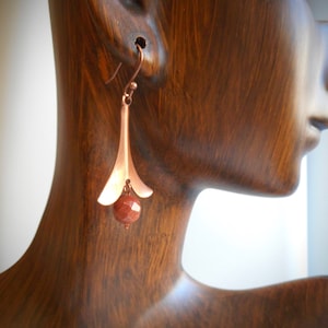 Copper and Goldstone Earrings, Tulip Dangle, Vintage Copper, faceted Goldstone, Fancy copper ear wires, Hand Crafted, One of a kind.