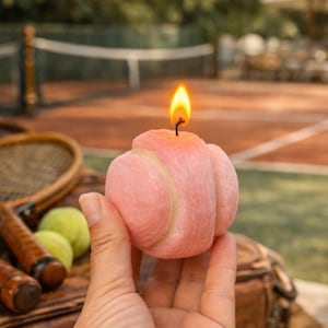 May include: A lit pink tennis ball candle held in a hand, with a tennis court in the background. The candle has a realistic tennis ball design. Tennis rackets and balls are also visible.