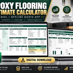 Op de afbeelding: Een software-interface voor het berekenen van epoxyvloeren weergegeven op twee laptopschermen. De schermen tonen Excel-spreadsheets met kolommen voor materiaalhoeveelheden, arbeidskosten en winstmarges. De tekst bevat Epoxy Flooring Estimate Calculator.