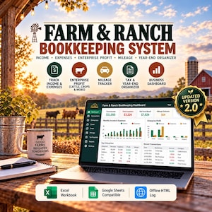 May include: A digital Farm & Ranch Bookkeeping System displayed on a laptop screen, featuring income, expense, and enterprise profit tracking. Includes icons for mileage and tax organization, plus Excel and Google Sheets compatibility labels.
