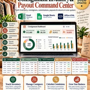 Hoja de cálculo para el seguimiento de inventario, ventas de tiendas de consignación, seguimiento de comisiones y pagos, Excel, Google Sheets
