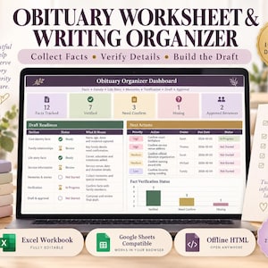 Obituary Worksheet & Writing Organizer, Memorial Planner, Excel, Google Sheets, HTML