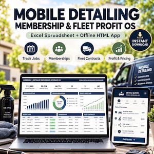 Mobile Detailing Business Spreadsheet: Membership & Fleet Tracker, Pricing Calculator + Offline HTML App
