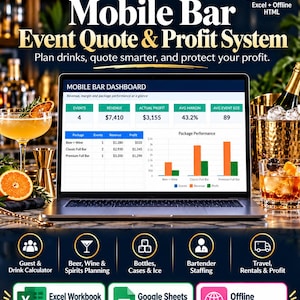 Może przedstawiać: Laptop wyświetlający pulpit nawigacyjny Mobile Bar Event Quote & Profit System z danymi o przychodach, marżach i wydajności pakietów. Ekran pokazuje tabele i wykresy słupkowe. Widoczne są ikony kalkulatorów gości, planowania napojów i personelu.