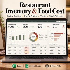 May include: A laptop screen displaying a Restaurant Inventory & Food Cost dashboard with data tables, bar charts, and pie charts. The interface includes sections for total inventory value, food cost percentage, waste cost, and reorder alerts for ingredients.