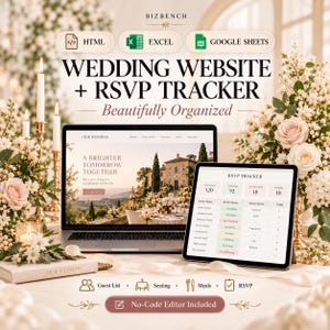 Wedding Website Template + RSVP Tracker | Guest List, Seating Chart | HTML, Excel, Google Sheets
