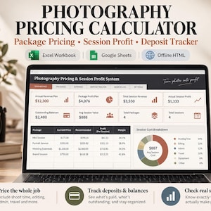 Photography Pricing Calculator | Package Profit & Deposit Tracker (Excel, Sheets, HTML)