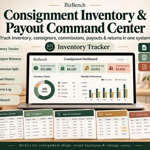 Inventory Tracker Spreadsheet, Consignment Shop Sales, Commission & Payout Tracker, Excel, Google Sheets