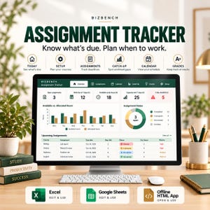 May include: A computer monitor displaying the Bizbench Assignment Tracker dashboard with data charts, assignment lists, and status icons. Below the screen are icons for Excel, Google Sheets, and an offline HTML app for editing and use.