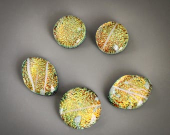 Set of 5 Matched Multi-Layered, Black Based Kiln Fused Dichroic Glass with Color Shift from Yellow Gold to Green, Channeled Edges