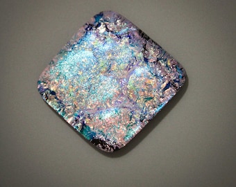 Metallic Layered Blue, Sparkling Silver Above Black Kiln Fused Dichroic Glass with Floating Dimensional Colors, One of a Kind