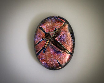 Metallic Layered Red & Blue, Black Based Kiln Fused Dichroic Glass with Folded X Shape of Shifting Floating Dimensional Color, One of a Kind