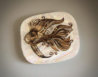 White Based Kiln Fused Multi-Layered Dichroic Glass with 14k Gold and Black Stylized Gold Fish Above Soft Shifting Colors, One of a Kind