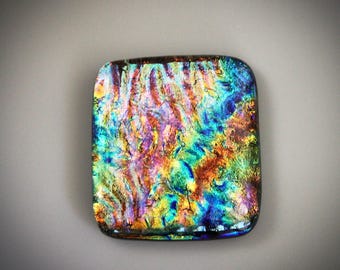 Large Black Based Tie Dye Patterned Kiln Fused Dichroic Glass with a Wavy Rainbow of Shifting Floating Dimensional Color, One of a Kind