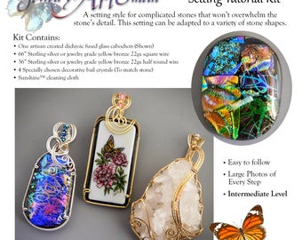 DIY Wire Sculpted (Wrapped) Sterling Silver Setting for One of a Kind Included Dichroic Fused Glass Cabochon with Crystal Decorated Bail