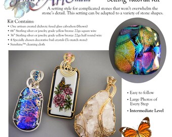 DIY Wire Sculpted (Wrapped) Sterling Silver Setting for One of a Kind Included Dichroic Fused Glass Cabochon with Crystal Decorated Bail