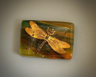 Green Based Kiln Fused Multi-Layered Dichroic Glass with 14k Gold and Black Stylized Dragonfly Above Shifting Colors, One of a Kind