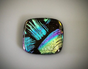 Metallic Layered Paint Brush Patterned, Black Based Kiln Fused Dichroic Glass with Shifting Floating Dimensional Color, One of a Kind