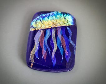 Cobalt Blue Based One of a Kind 5 Layer Kiln Fused Dichroic Glass Cabochon with a Floating, Color Shifting Jellyfish, Rounded Square Shaped