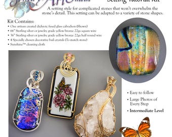 DIY Wire Sculpted (Wrapped) Sterling Silver Setting for One of a Kind Included Dichroic Fused Glass Cabochon with Crystal Decorated Bail