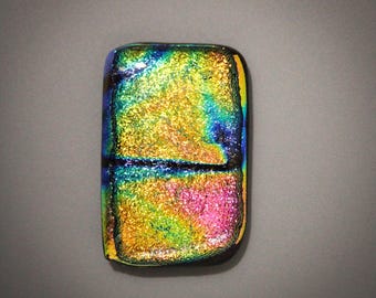 Metallic Layered Sparkling Rainbow Colors Above Black Kiln Fused Dichroic Glass, One of a Kind