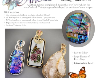 DIY Wire Sculpted (Wrapped) Sterling Silver Setting for One of a Kind Included Dichroic Fused Glass Cabochon with Crystal Decorated Bail