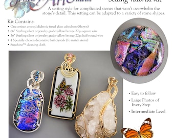 DIY Wire Sculpted (Wrapped) Sterling Silver Setting for One of a Kind Included Dichroic Fused Glass Cabochon with Crystal Decorated Bail