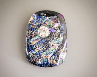 Multi-Layered, Black Based Kiln Fused Dichroic Glass with Fused In Round Faceted 6mm White/Clear Cubic Zirconia, One of a Kind