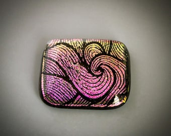 Large Multi-Layered Black Based Kiln Fused Dichroic Glass with Curled Waves of Color Shifting Floating Dimensional Color, One of a Kind