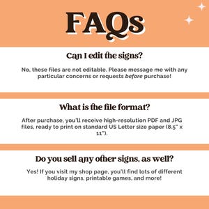 May include: An orange background with the text "FAQs" in a brown, outlined font. Below, three white rectangular boxes contain questions and answers about the product, including file format and editing options.