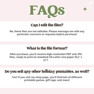 以下が含まれることがあります： 緑色の「FAQs」という文字が入った薄いピンク色のグラフィックで、3つの質問と回答が続きます。質問は、ファイルの編集、ファイル形式、その他のホリデー印刷物についてです。ファイル形式はUSレターサイズの用紙（21.6cm x 27.9cm）です。
