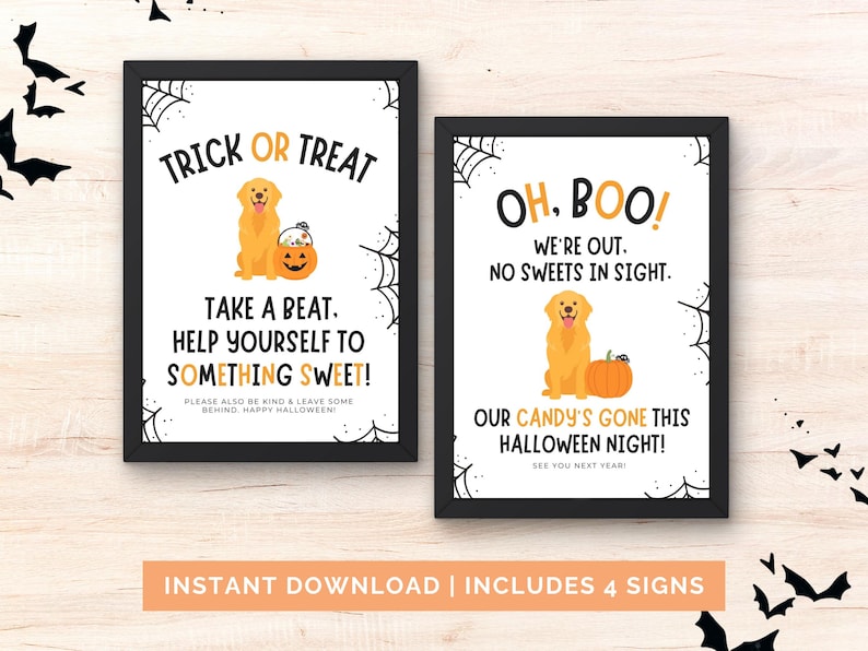 May include: Two framed Halloween signs in black frames. One says "Trick or Treat" with a golden retriever and pumpkin. The other says "Oh, Boo!" with a golden retriever and pumpkin. Includes 4 signs.